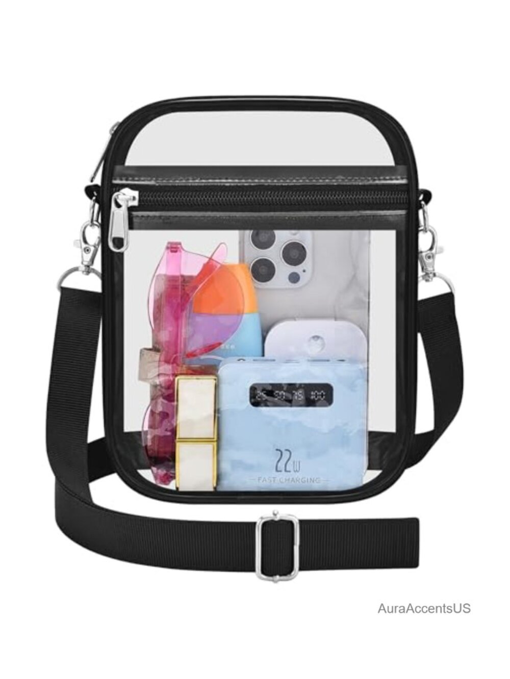 Clear PVC Stadium Approved Shoulder Bag, Crossbody Purse for Events, 2 Pockets,